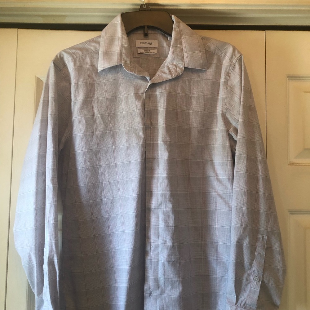 Calvin Klein Men's Pale Blue Checked Dress Shirt